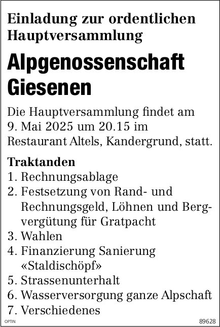 Ordentliche Hauptversammlung Alpgenossenschaft Giesenen, 9. Mai, Restaurant Altels, Kandergrund