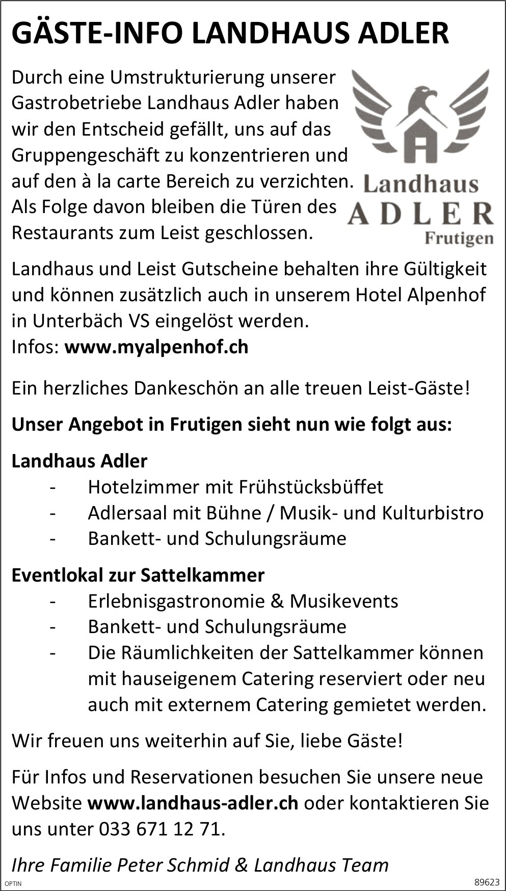 Landhaus Adler, Frutigen - Gäste-Info Umstrukturierung