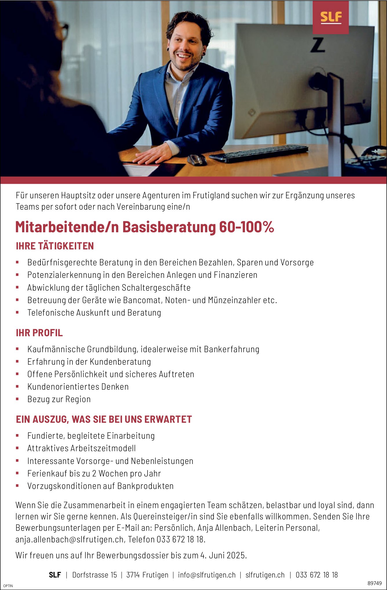 Mitarbeitende/r Basisberatung 60-100%, Spar- und Leihkasse Frutigen AG, gesucht