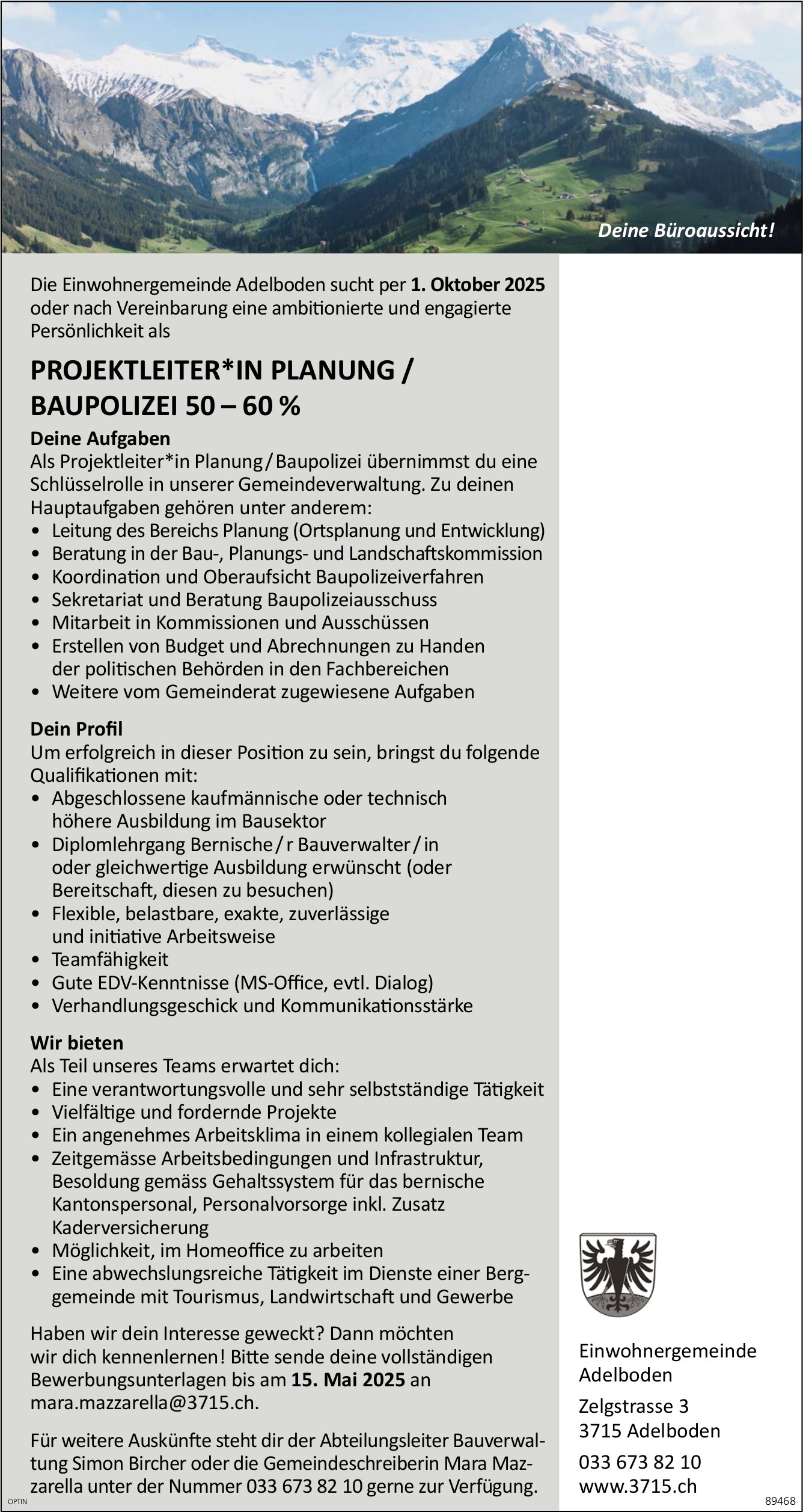 Projektleiter*in Planung/Baupolizei 50-60%, Gemeinde, Adelboden, gesucht