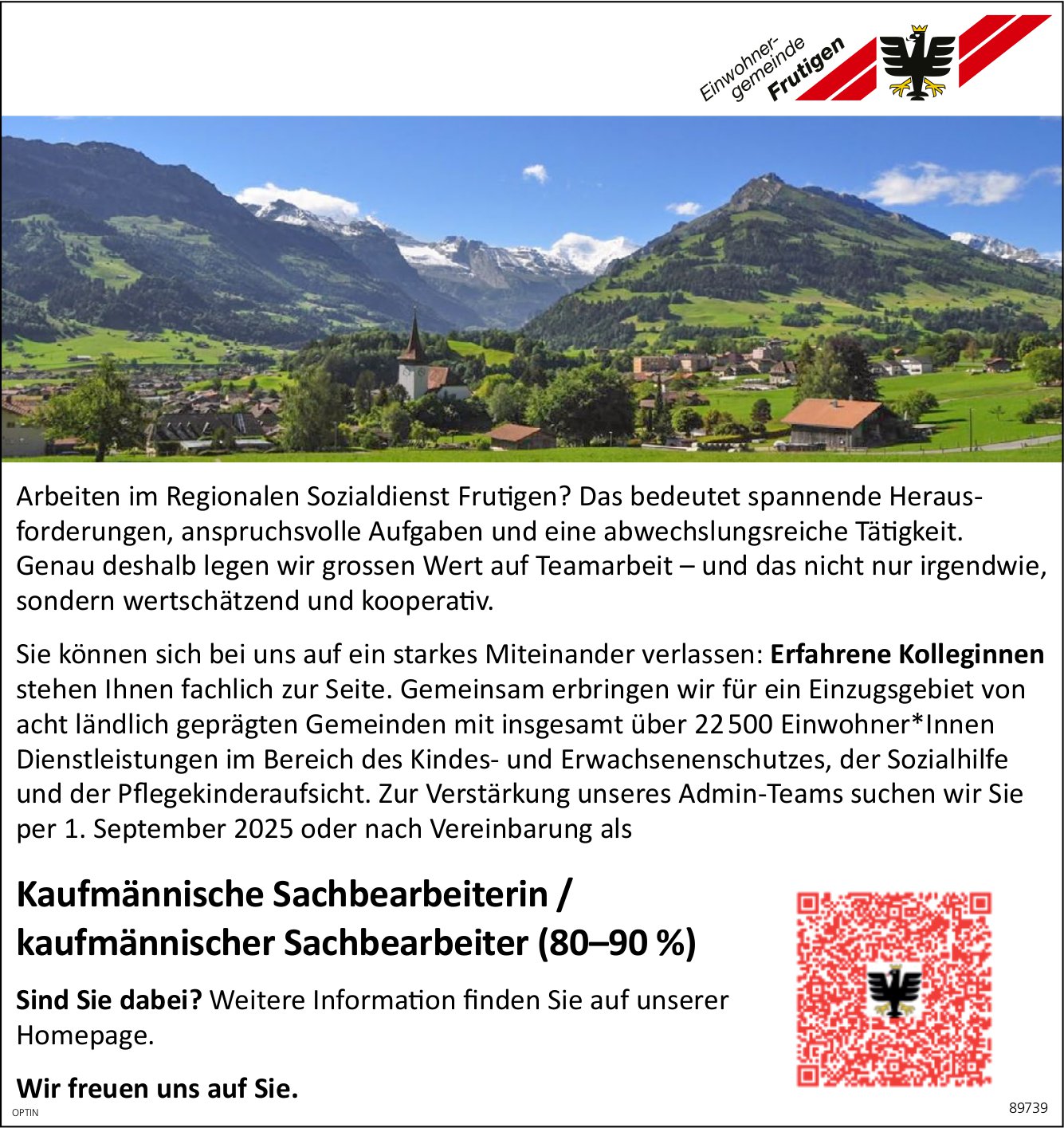 Kaufmännische Sachbearbeiterin / kaufmännischer Sachbearbeiter (80–90 %), Gemeinde, Frutigen, gesucht