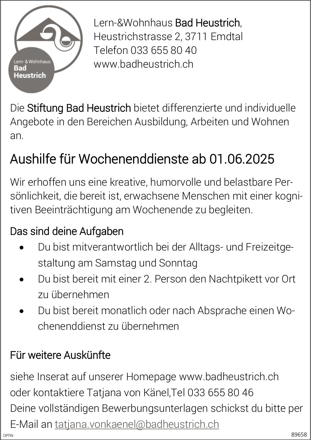 Aushilfe für Wochenenddienste, Stiftung Bad Heustrich, Emdtal, gesucht