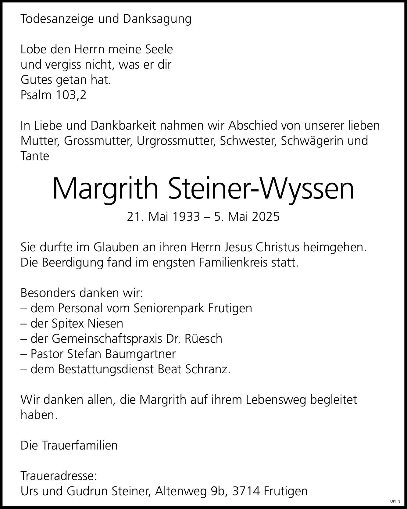 Margrith Steiner-Wyssen, Mai 2025 / TA + DS