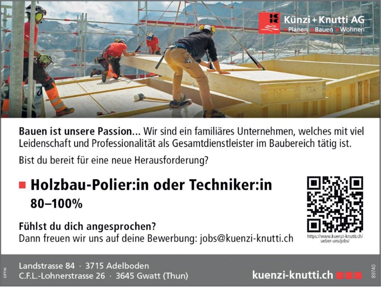 Holzbau-Polier:in oder Techniker:in 80-100%, Künzi + Knutti AG, Adelboden, gesucht