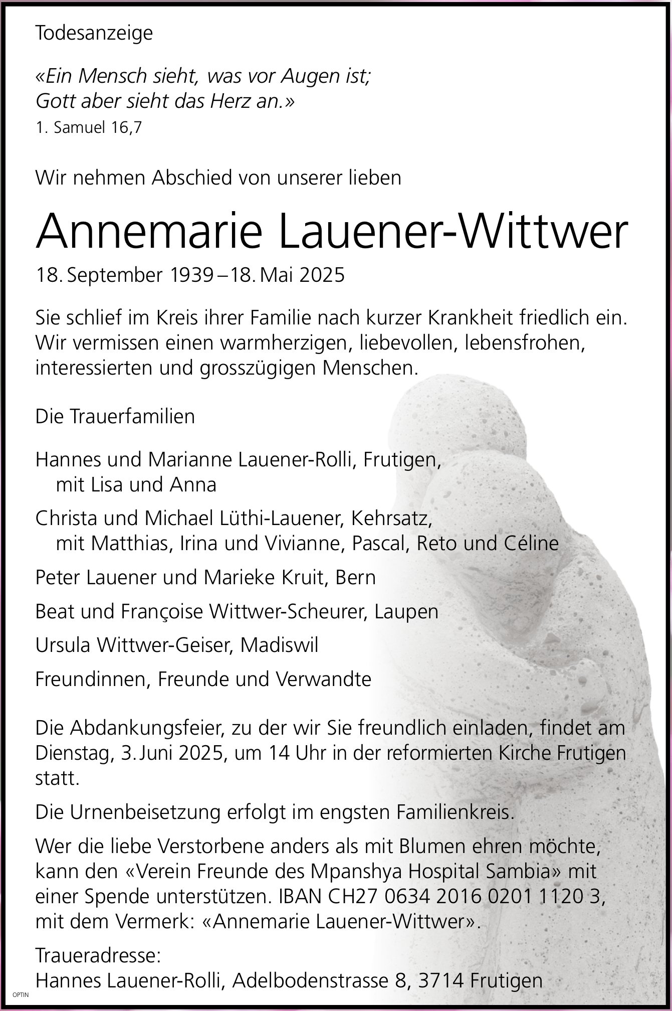 Annemarie Lauener-Wittwer, Mai 2025 / TA