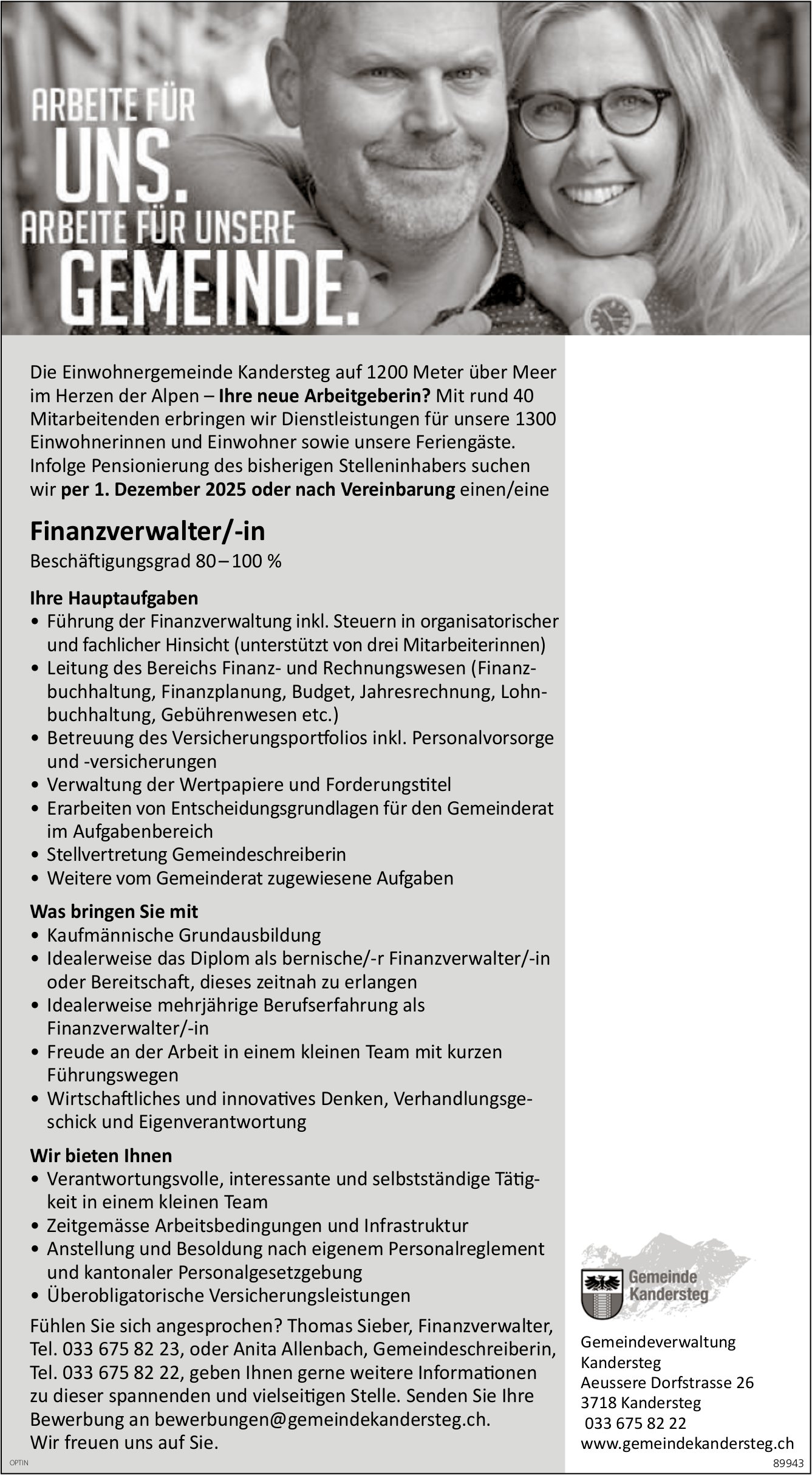 Finanzverwalter/-in 80-100%, Gemeinde, Kandersteg, gesucht