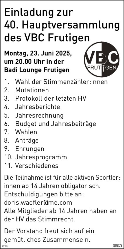40. Hauptversammlung VBC, 23. Juni, Badi Lounge