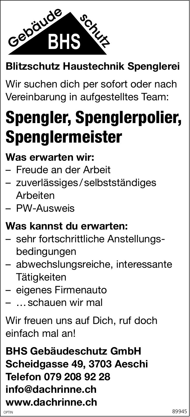 Spengler, Spenglerpolier,  Spenglermeister, BHS Gebäudeschutz GmbH, Aeschi,  gesucht