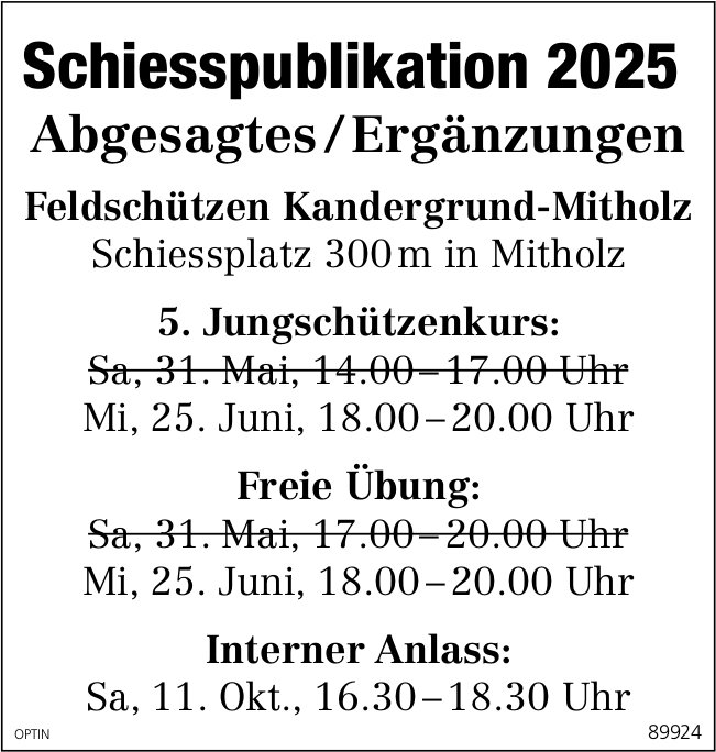 Feldschützen, Kandergrund-Mitholz - Schiesspublikation