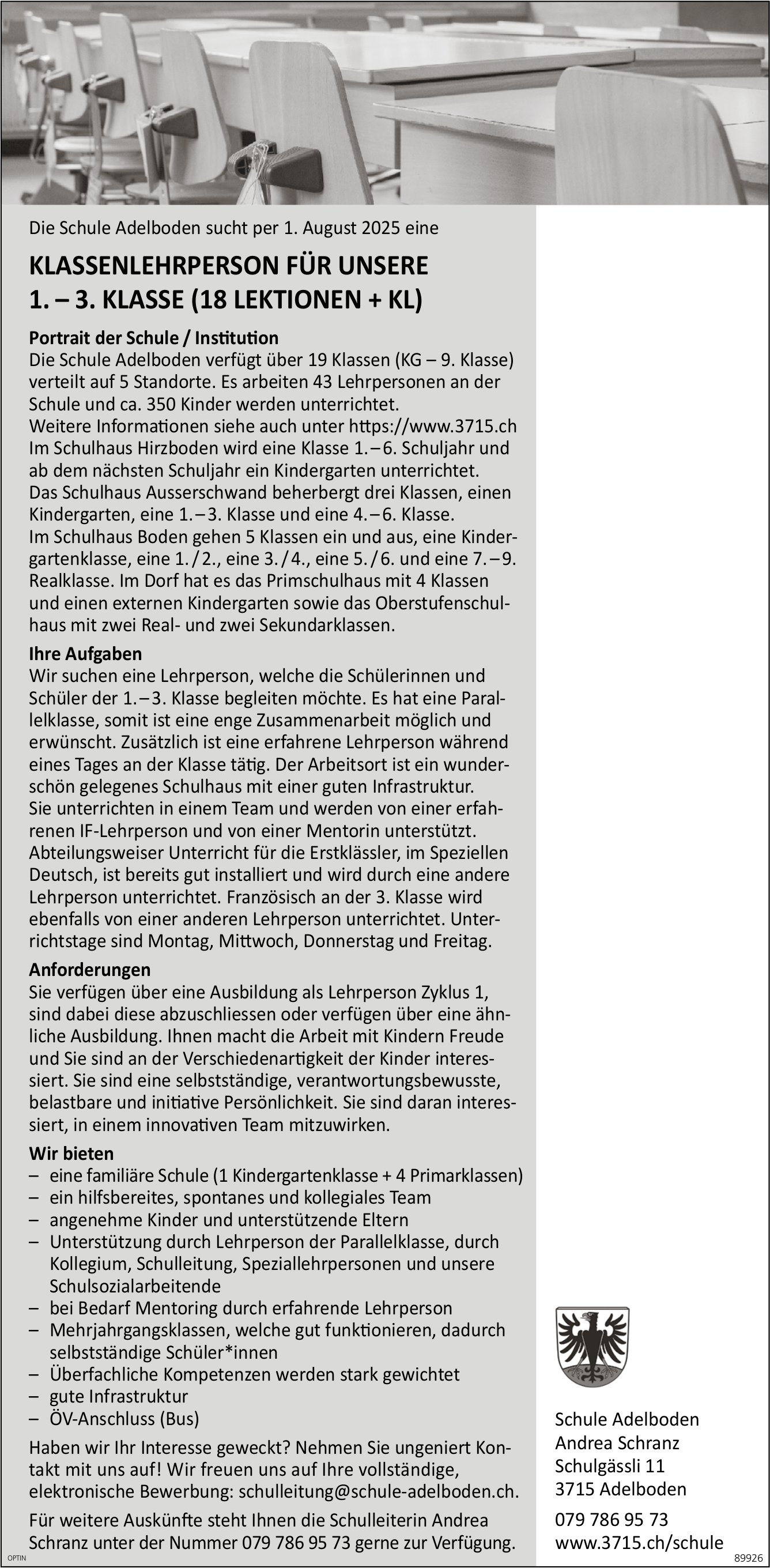 Klassenlehrperson 1. bis 3. Klasse, Schule, Adelboden, gesucht