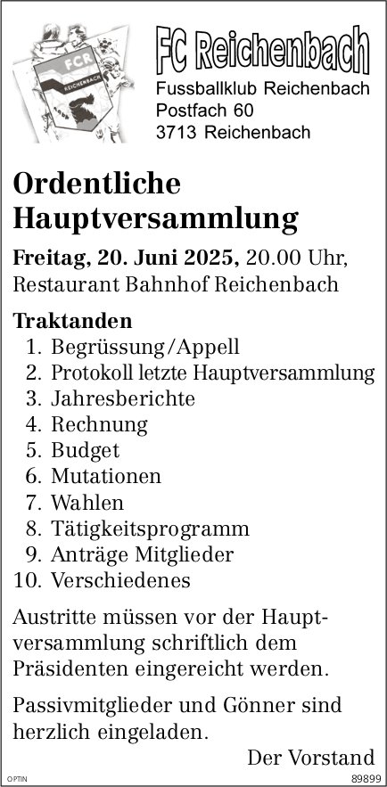 Ordentliche Hauptversammlung FC Reichenbach, 20. Juni, Restaurant Bahnhof