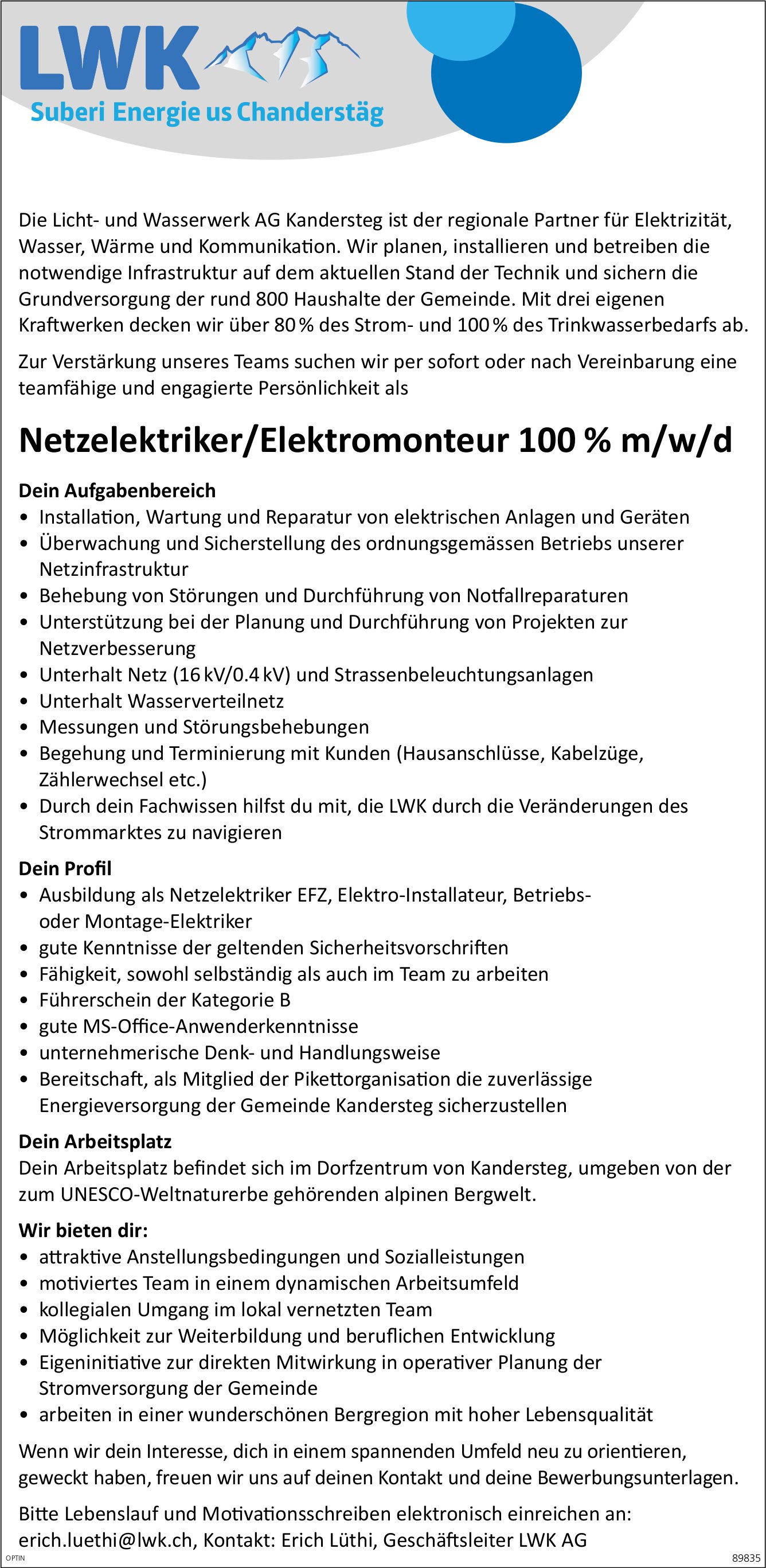 Netzelektriker/Elektromonteur 100% m/w/d, Licht- und Wasserwerk AG, Kandersteg, gesucht