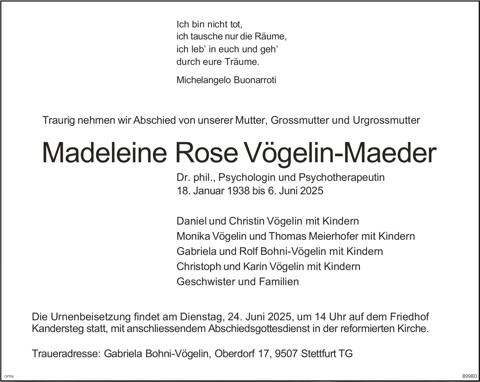 Madeleine Rose Vögelin-Maeder, Juni 2025 / TA