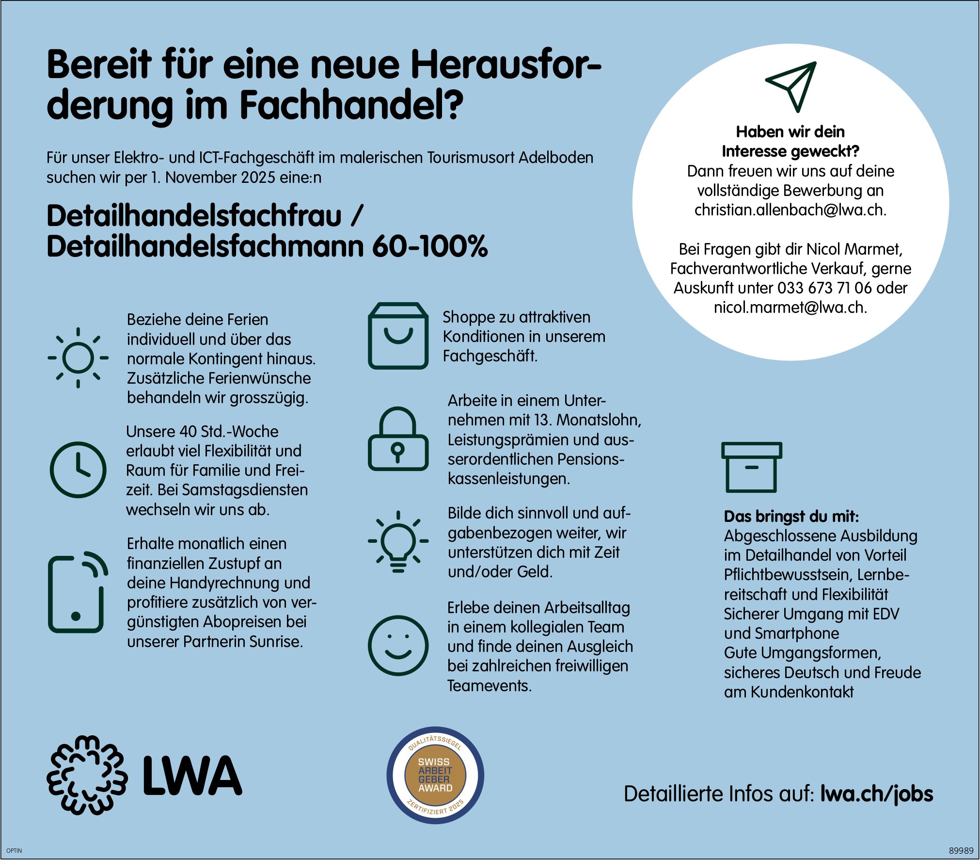 Detailhandelsfachfrau/Detailhandelsfachmann 60-100%, LWA, Adelboden, gesucht