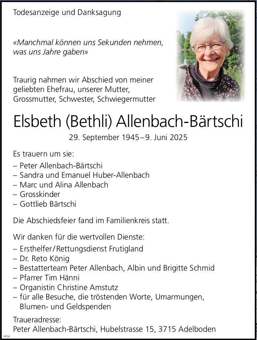 Elsbeth (Bethli) Allenbach-Bärtschi, Juni 2025 / TA
