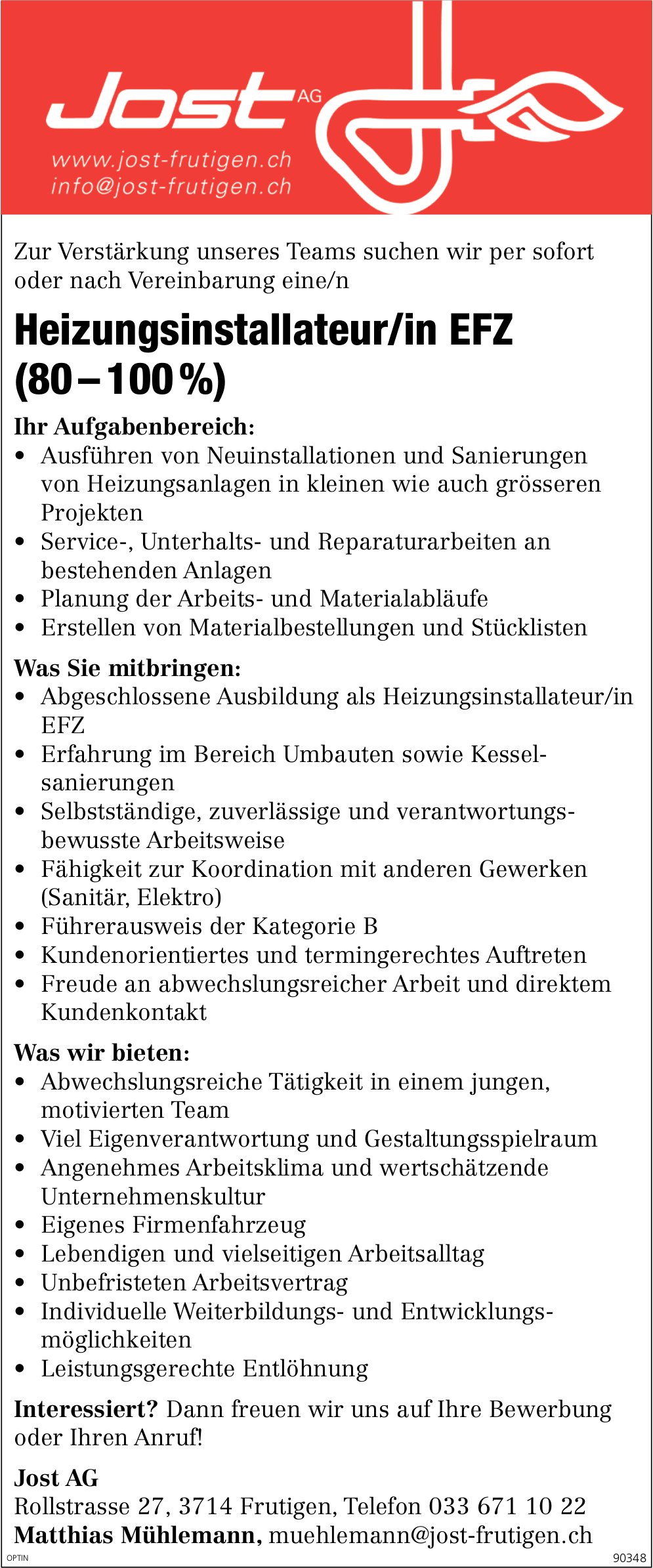 Heizungsinstallateur/in EFZ (80-100%), Jost AG, Frutigen, gesucht