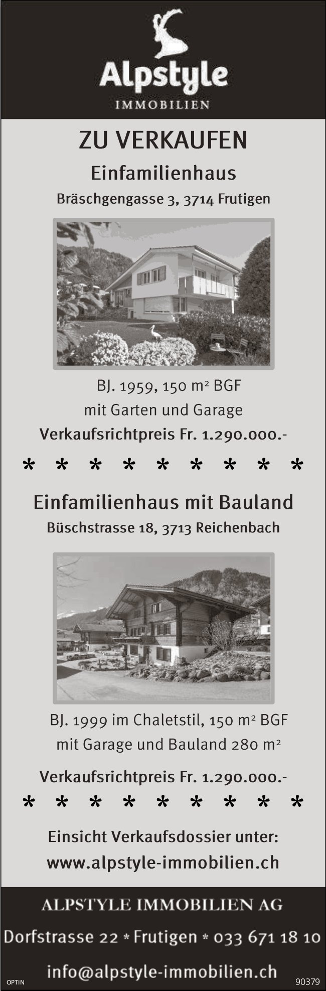 Einfamilienhäuser, Frutigen und Reichenbach, zu verkaufen