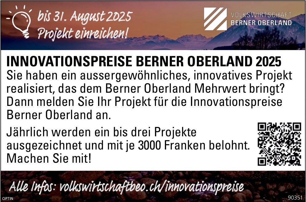 Volkswirtschaft Berner Oberland, Innovationspreise bis 31. August
