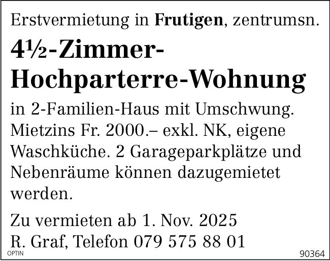 4.5-Zimmer-Hochparterre-Wohnung, Frutigen, zu vermieten