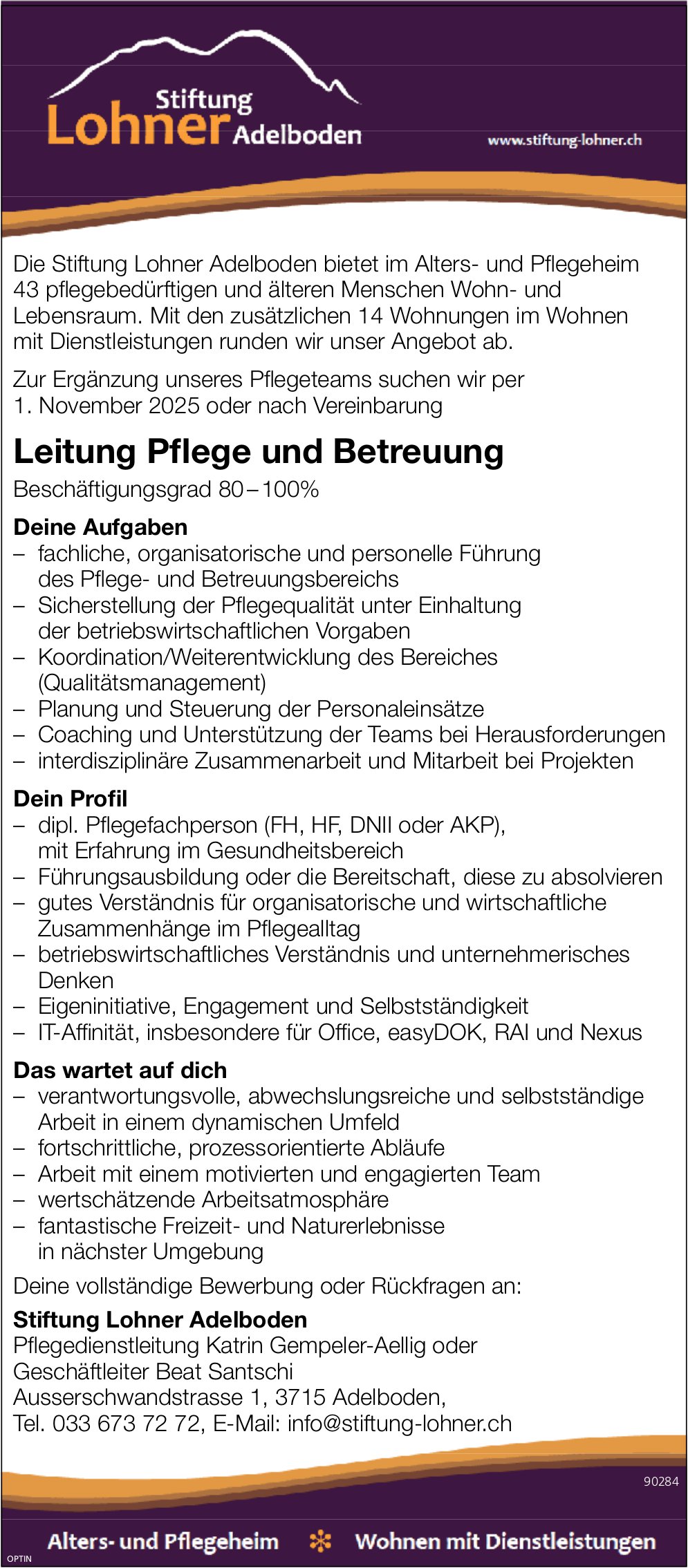 Leitung Pflege und Betreuung 80-100%, Stiftung Lohner Adelboden, gesucht