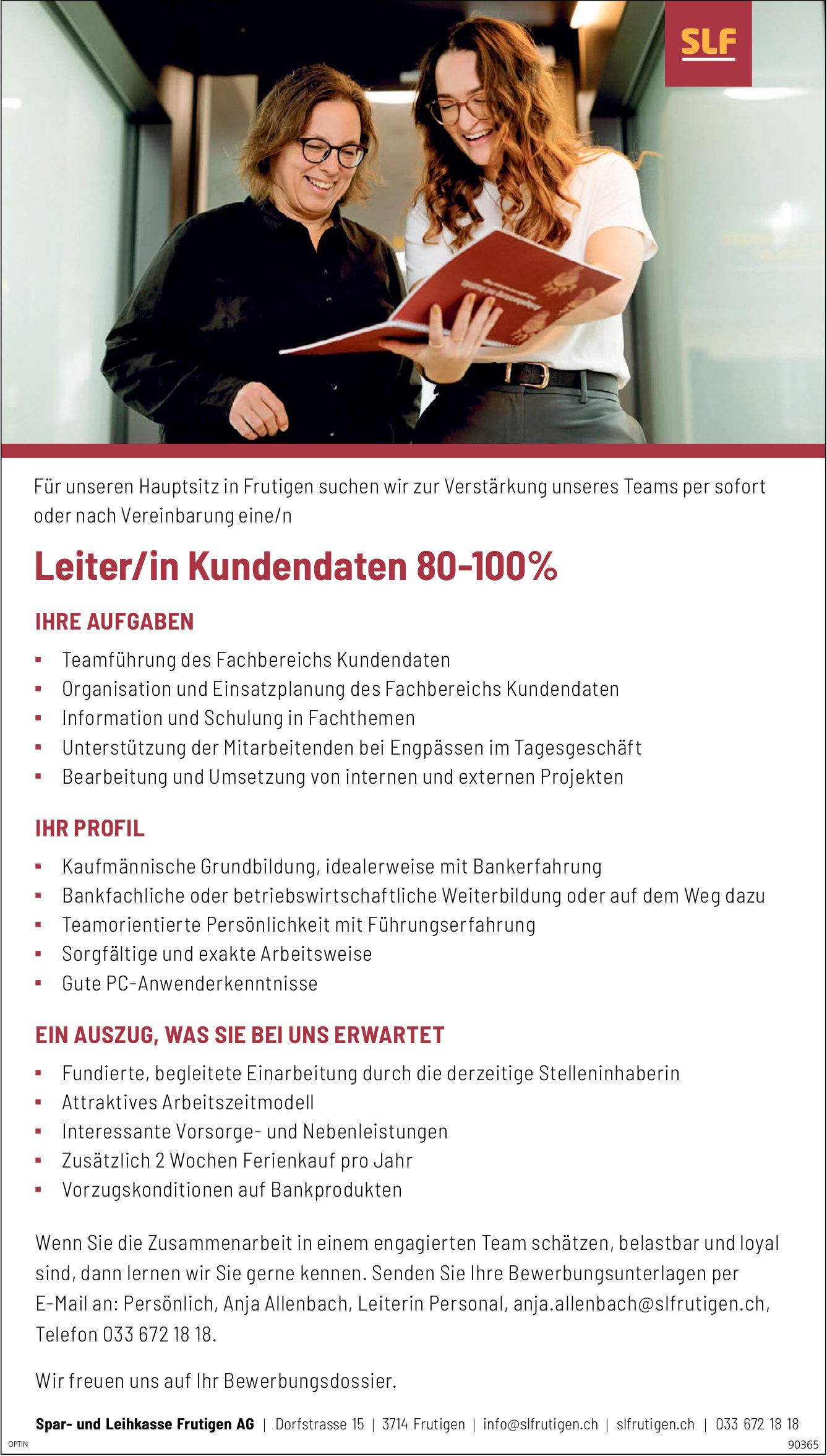 Leiter/in Kundendaten 80-100%, Spar- und Leihkasse Frutigen AG, gesucht