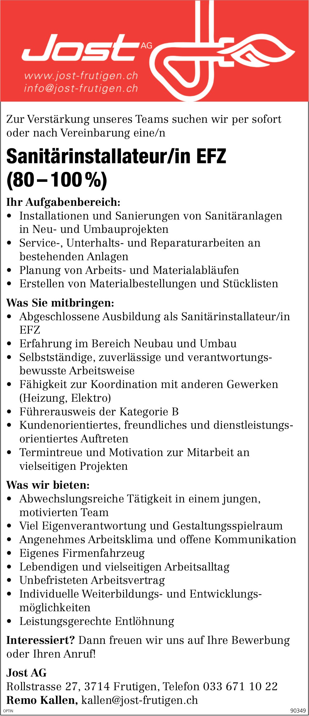 Sanitärinstallateur/in EFZ (80-100%), Jost AG, Frutigen, gesucht