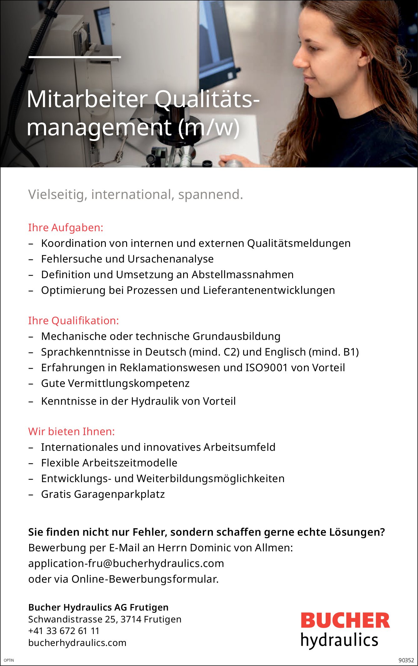 Mitarbeiter Qualitätsmanagement (m/w), Bucher Hydraulics AG, Frutigen, gesucht