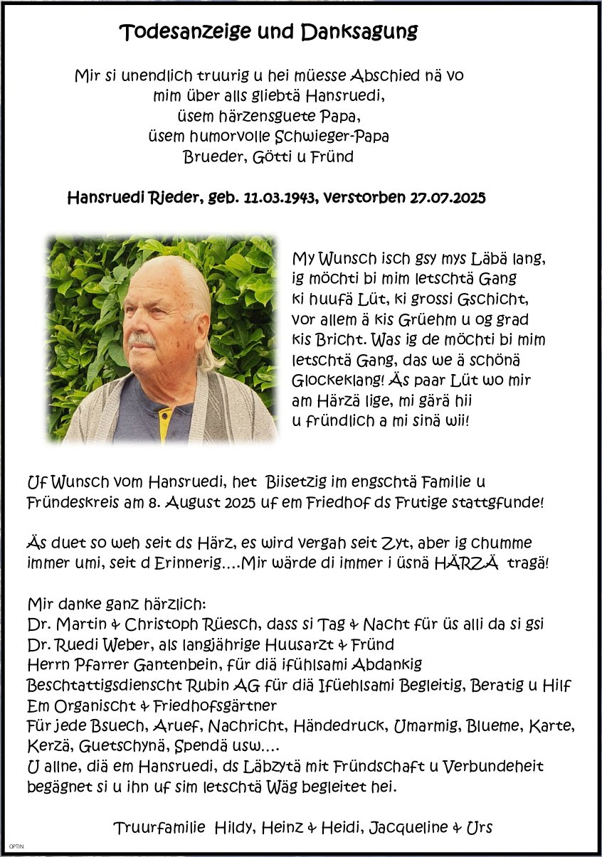 Hansruedi Rieder, Juli 2025 / TA + DS