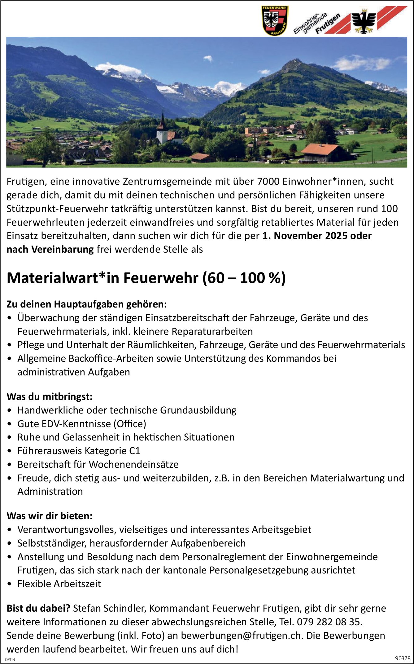Materialwart*in Feuerwehr (60-100%), Gemeinde, Frutigen, gesucht
