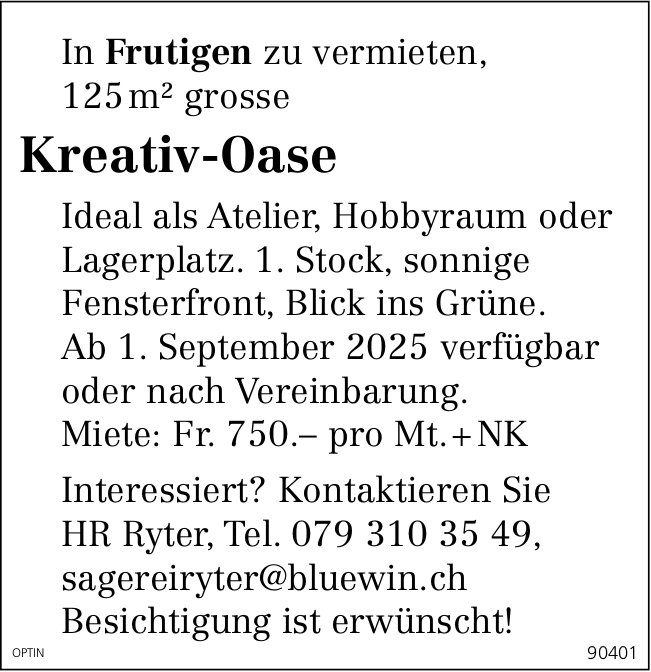 Kreativ-Oase, Frutigen, zu vermieten