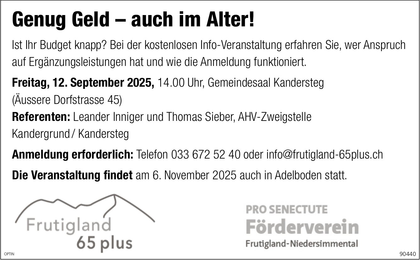 Genug Geld–auch im Alter!, 12. September, Gemeindesaal, Kandersteg