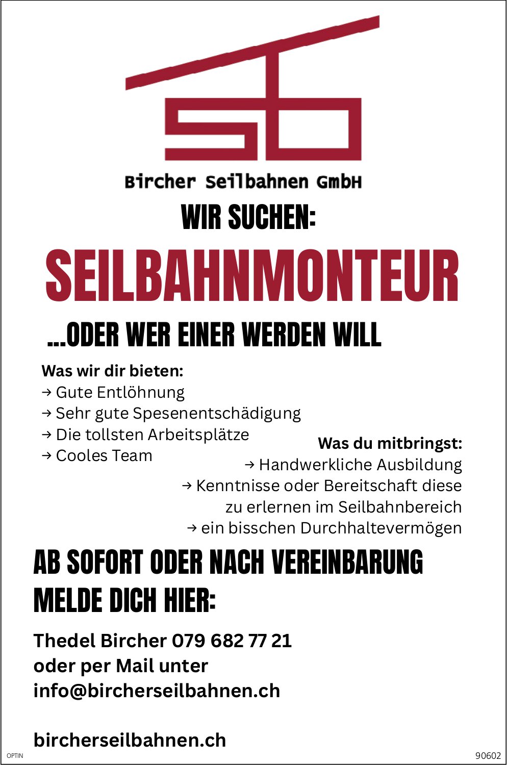 Seilbahnmonteur, Bircher Seilbahnen GmbH, gesucht