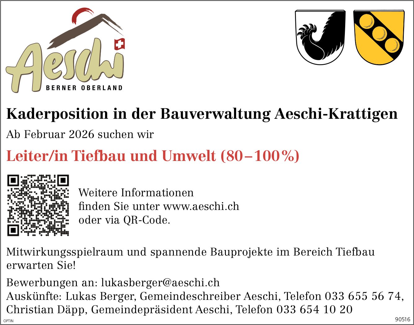 Leiter/in Tiefbau und Umwelt (80-100%), Gemeinde, Aeschi, gesucht