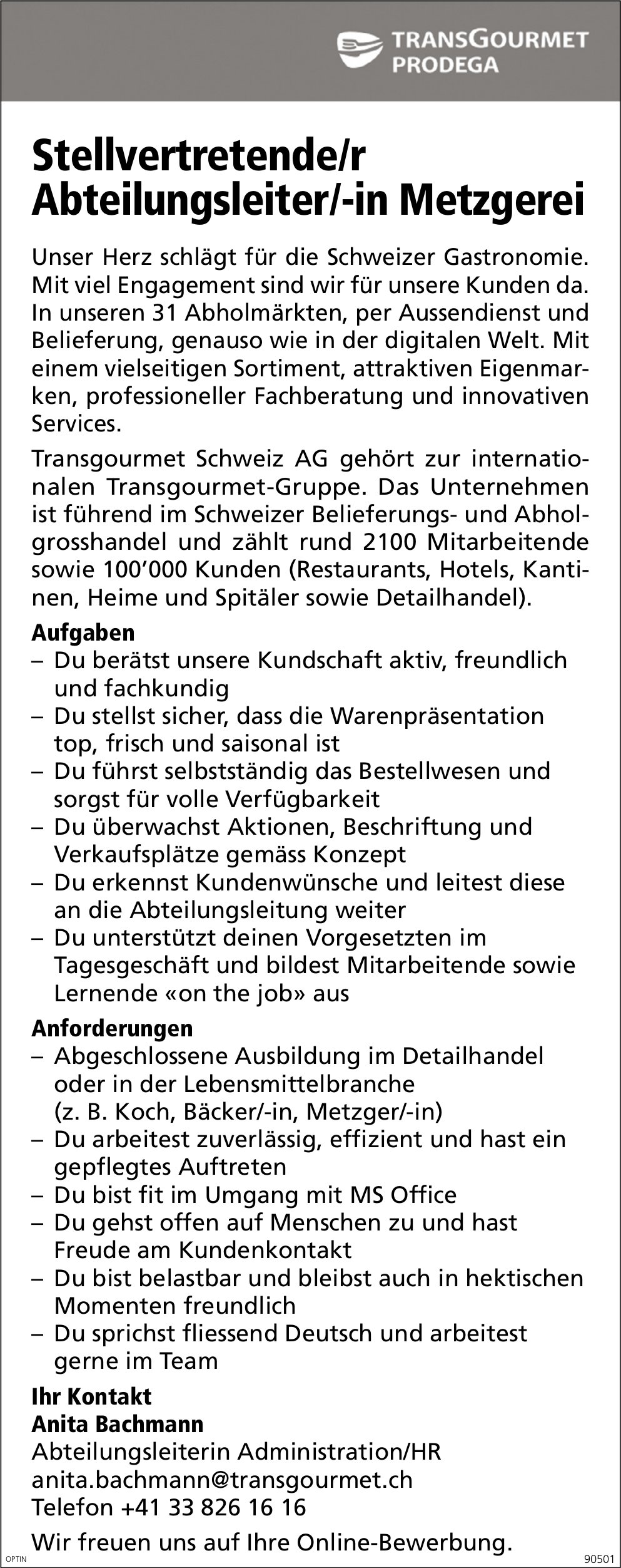 Stellvertretende/r Abteilungs leiter/-in Metzgerei, TransGourmet Prodega Schweiz AG, gesucht