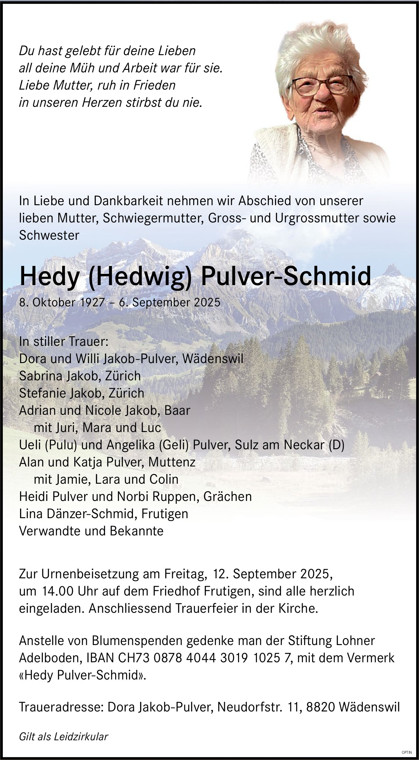 Hedy (Hedwig) Pulver-Schmid, September 2025 / TA