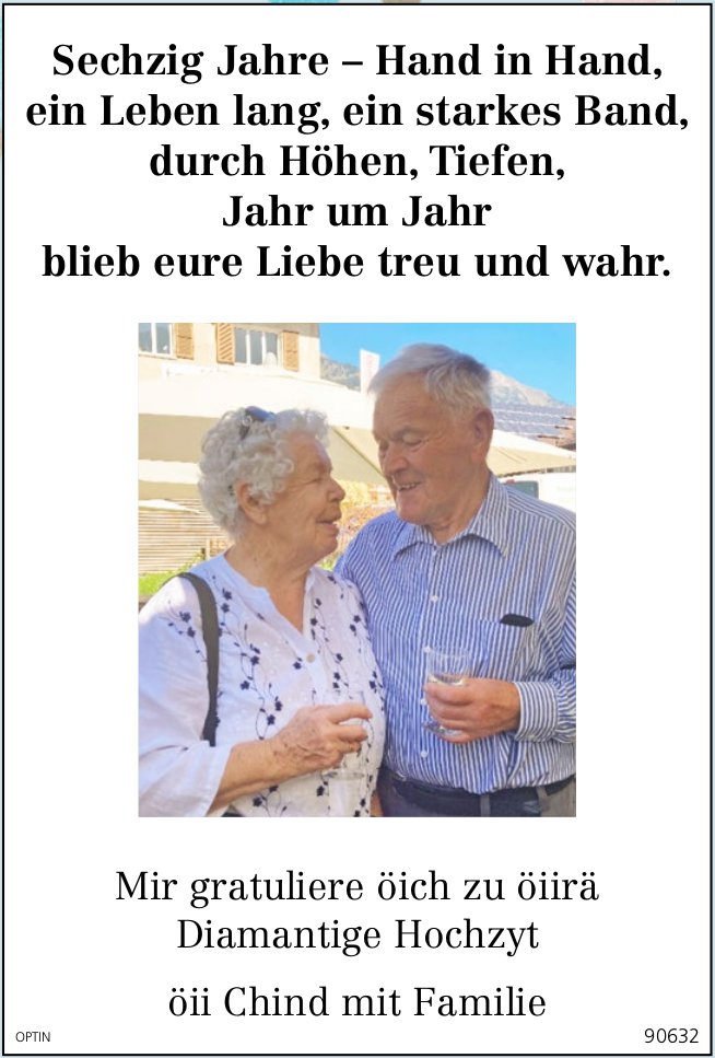 Familie, Mir gratuliere öich zur Diamantige Hochzyt