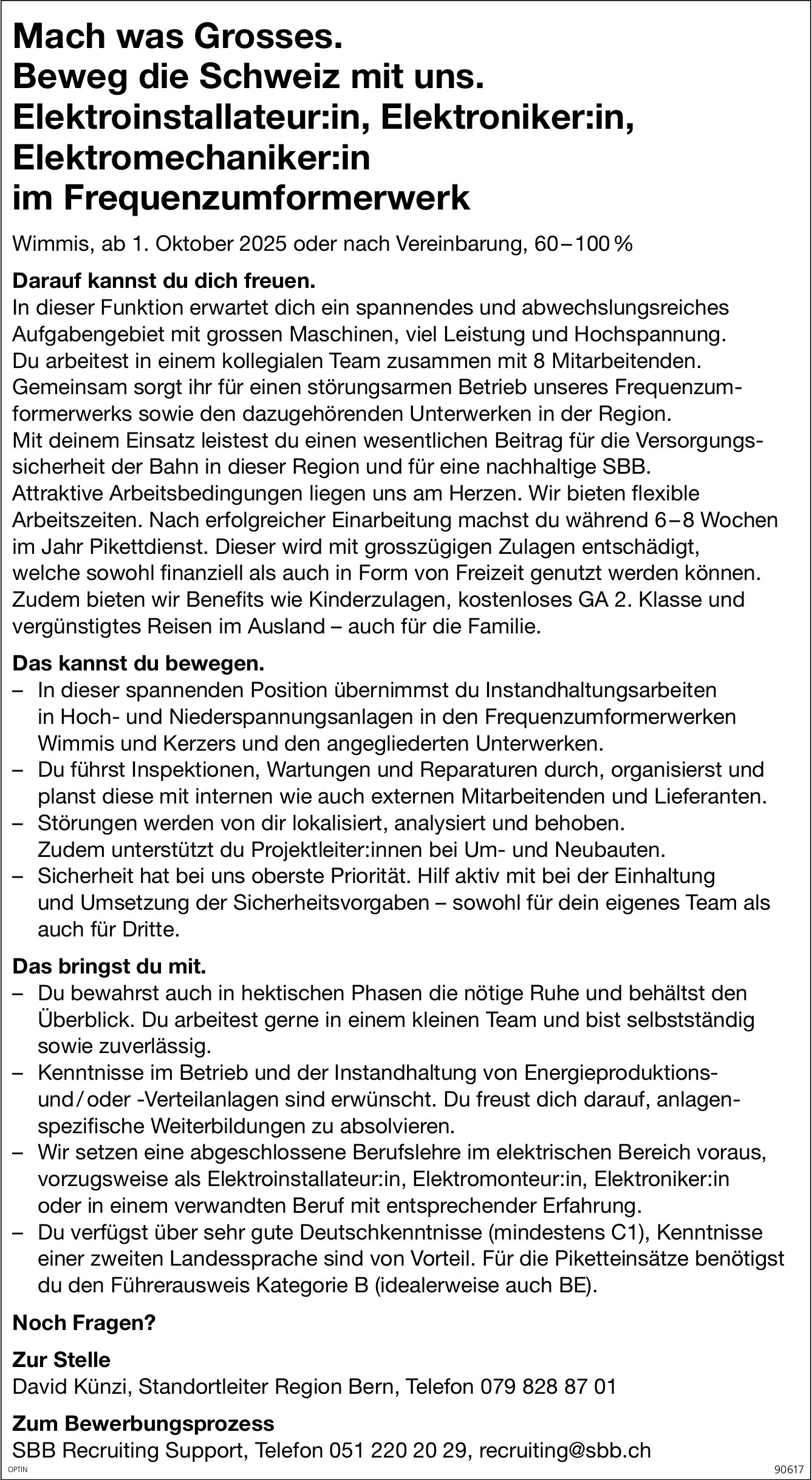 Elektroinstallateur:in, Elektroniker:in,  Elektromechaniker:in im Frequenzumformerwerk, SBB Recruting Support, Wimmis,  gesucht