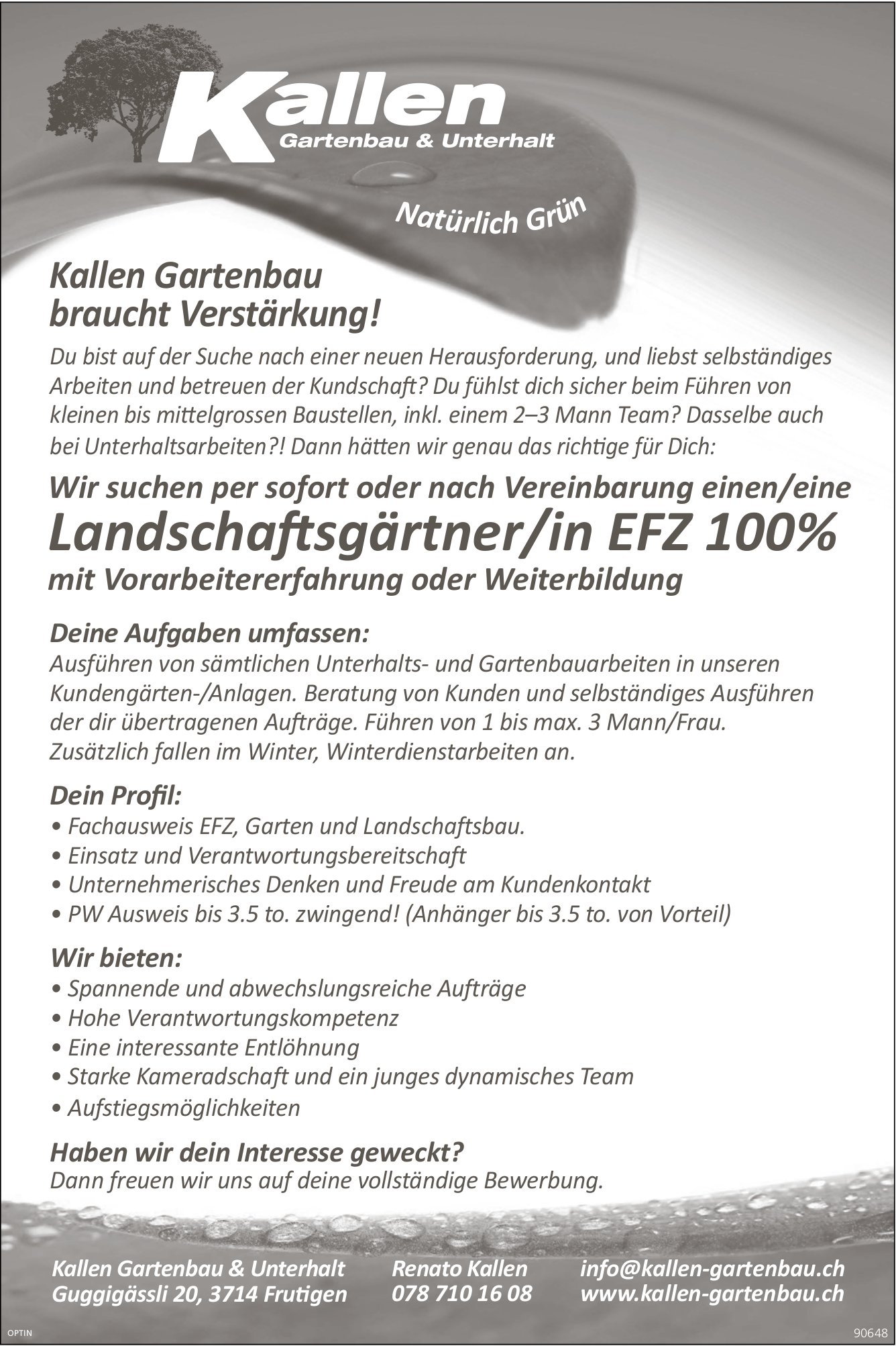 Landschaftsgärtner/in EFZ 100%, Kallen Gartenbau & Unterhalt, Frutigen, gesucht