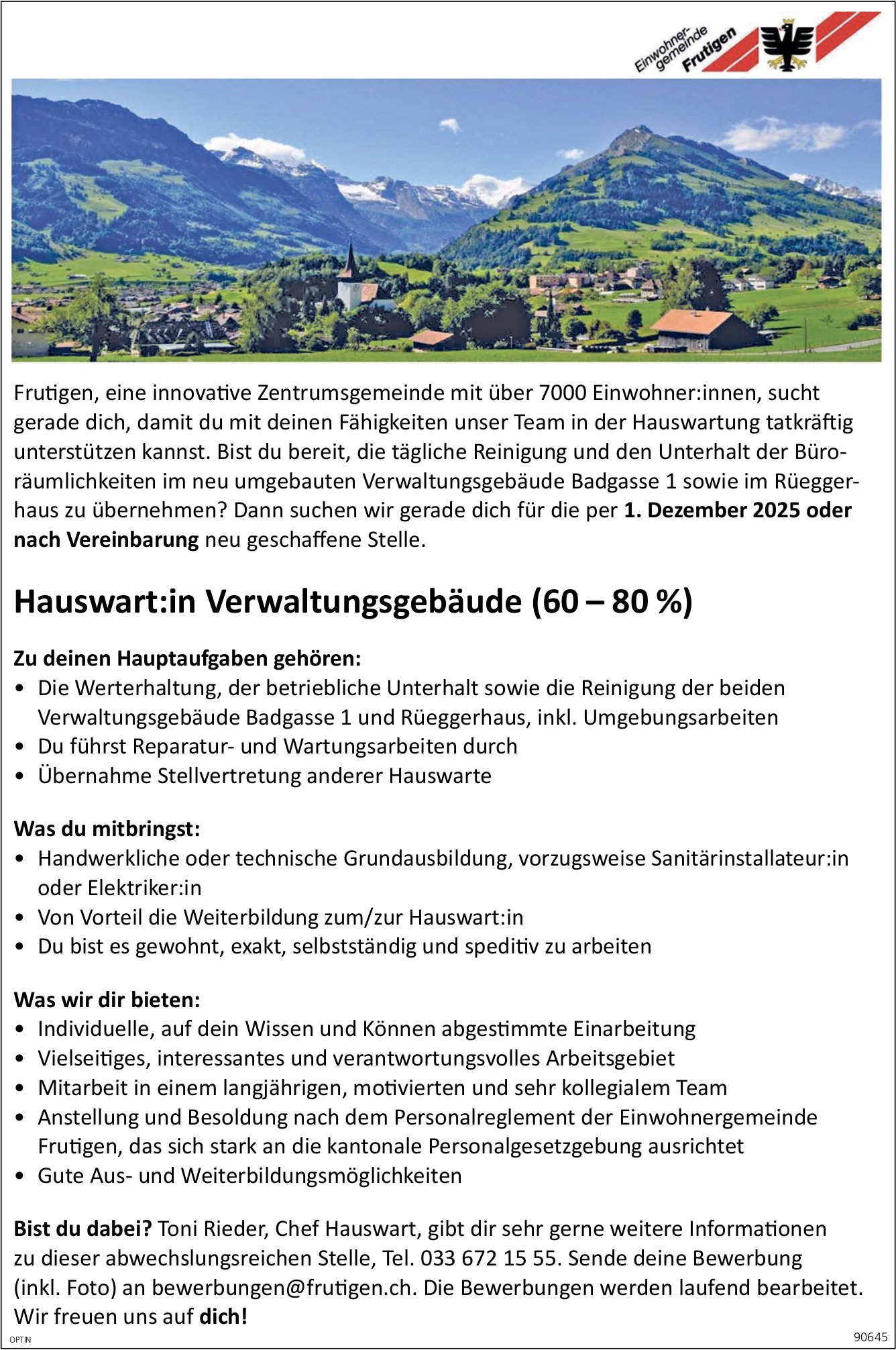 Hauswart:in Verwaltungsgebäude (60-80%), Gemeinde, Frutigen, gesucht