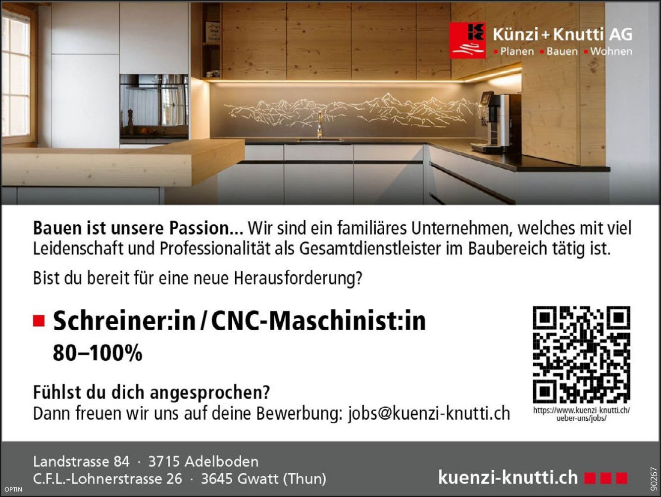 Schreiner:in /CNC-Maschinist:in 80-100%, Künzi Knutti, Adelboden, gesucht