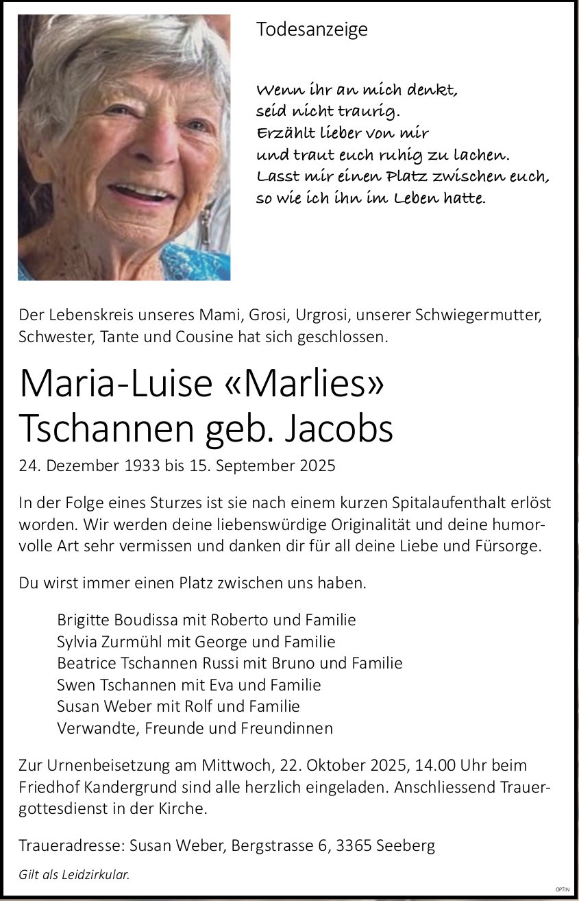 Maria-Luise «Marlies» Tschannen geb. Jacobs, September 2025 / TA
