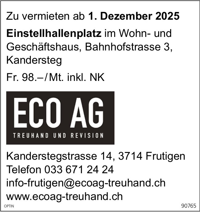 Einstellhallenplatz, Kandersteg, zu vermieten