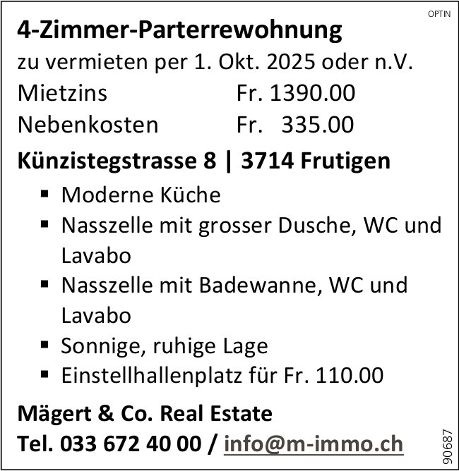 4-Zimmer-Parterrewohnung, Frutigen, zu vermieten