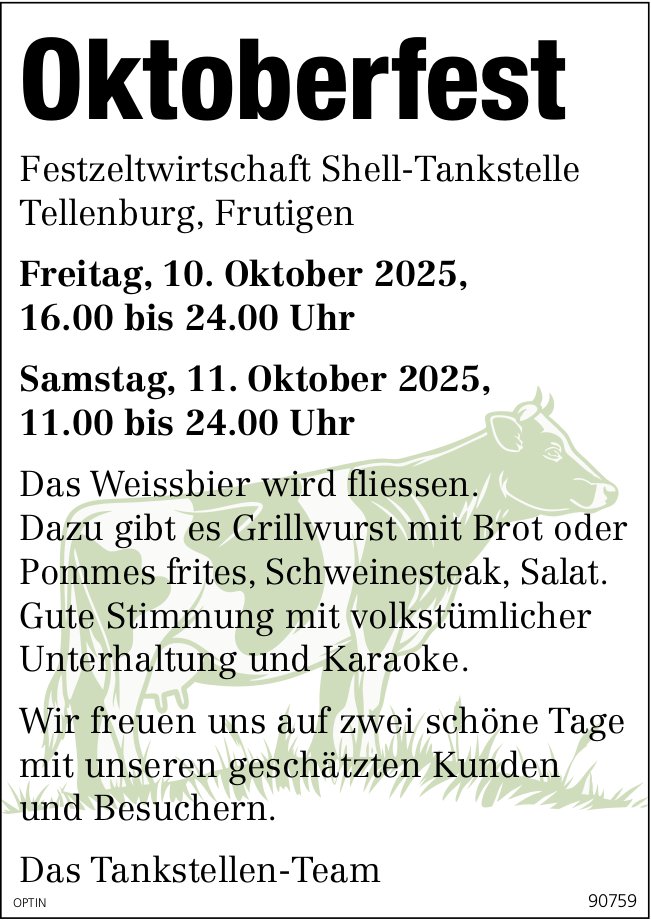 Oktoberfest, 10. und 11. Oktober, Tellenburg, Frutigen