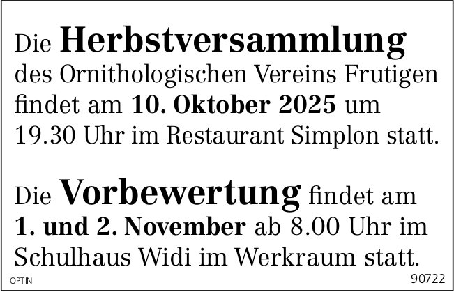 Herbstversammlung, Ornithologischer Verein, 10. Oktober, Restaurant Simplon, Frutigen