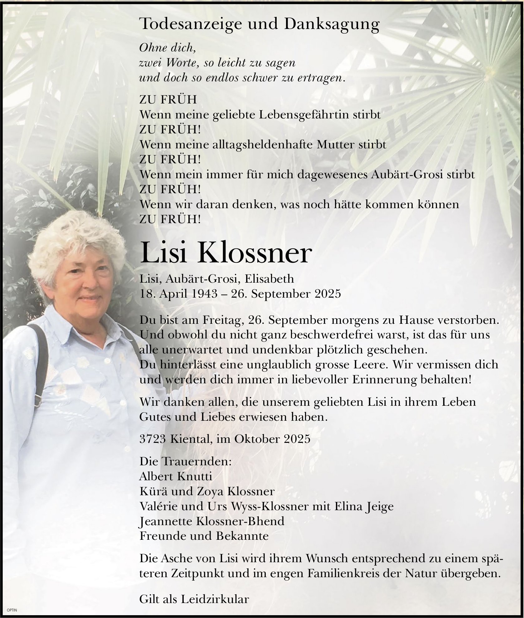 Lisi Klossner, September 2025 / TA + DS