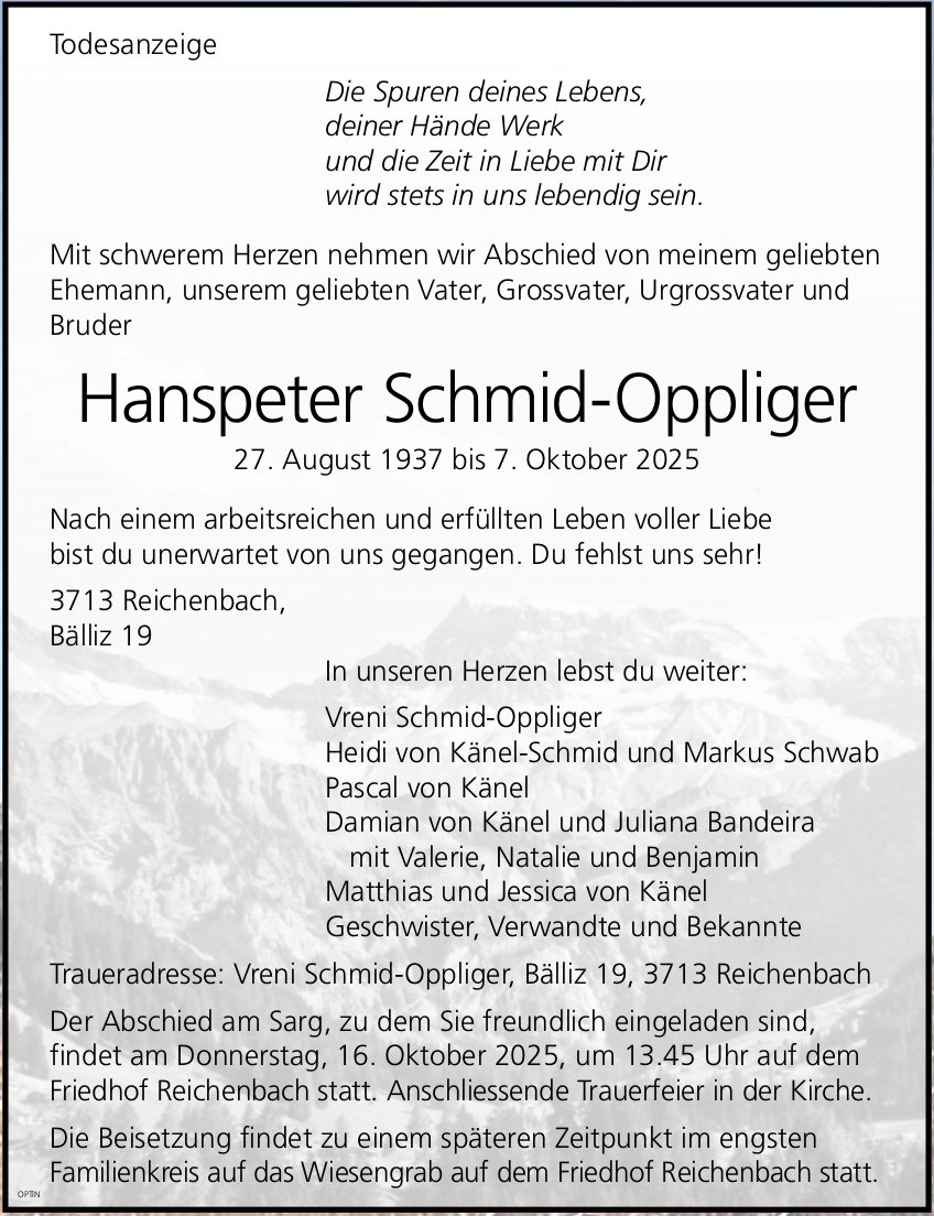 Hanspeter Schmid-Oppliger, Oktober 2025 / TA