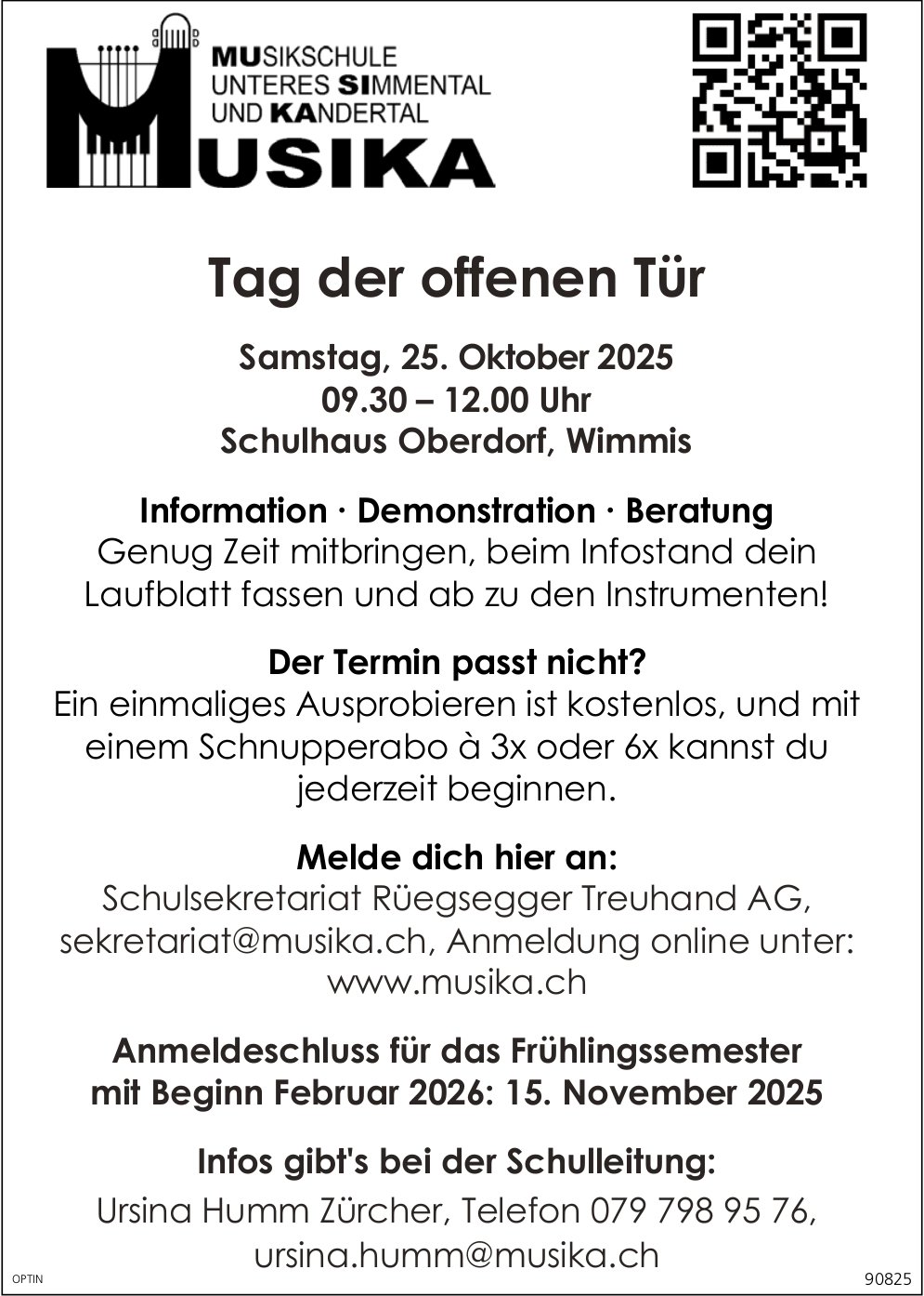 Tag der offenen Tür Musika, 25. Oktober, Schulhaus Oberdorf, Wimmis