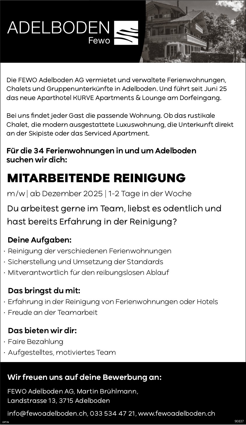 Mitarbeitende Reinigung, FEWO Adelboden AG, gesucht
