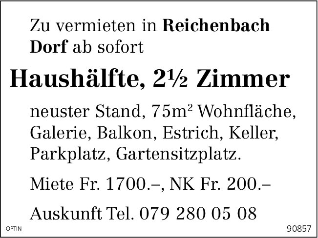 2.5-Zimmer-Haushälfte, Reichenbach, zu vermieten